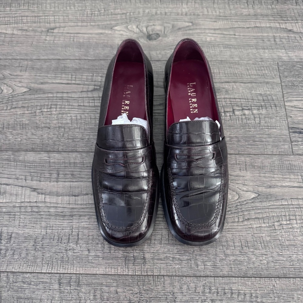 Lauren Ralph Lauren Burgundy Croc Embossed Leather Penny Loafers Square Toe 7.5